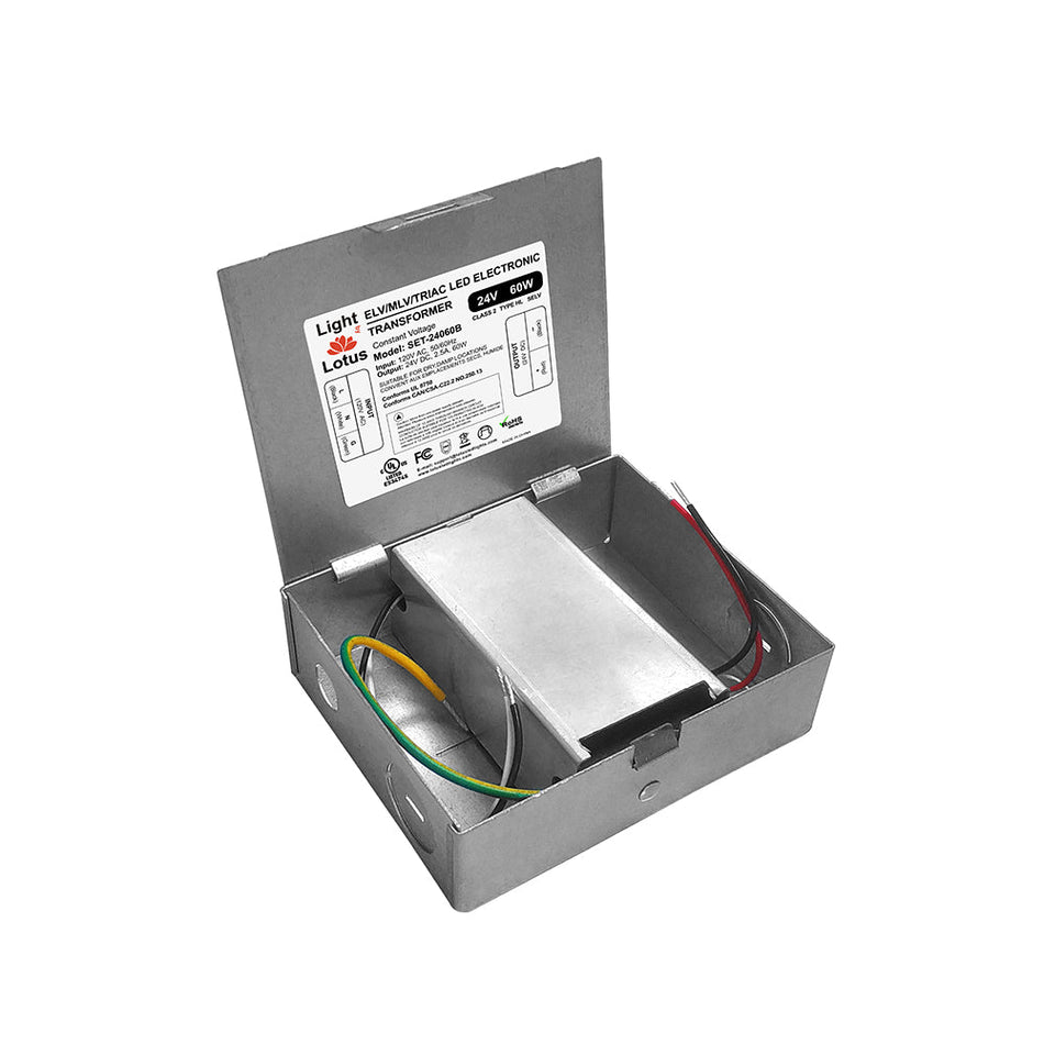 24V DC 60W Mini Electronic Transformer in Junction Box 2.5A Triac Dimmable 120VAC UL Class 2 Type HL Constant Voltage | SET-24060B