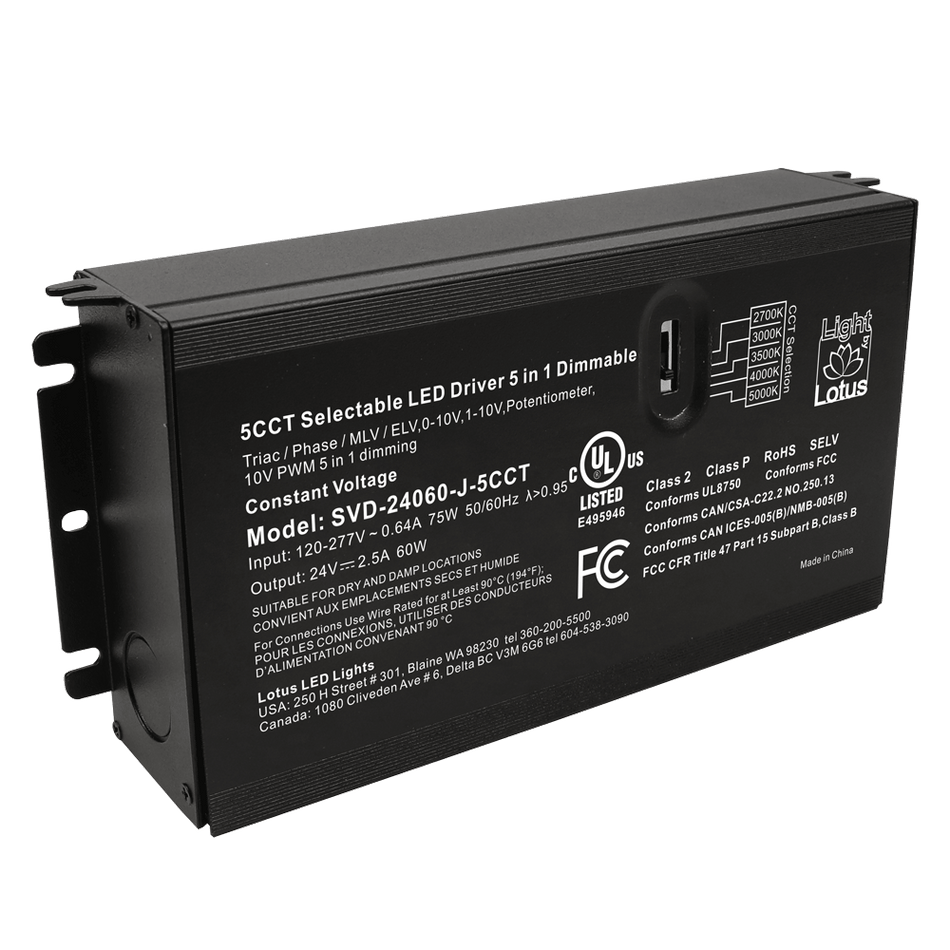 Lotus 5CCT Selectable 24V Constant Voltage 60W Driver 5-in-1 Dimmable | SVD-24060-J-5CCT