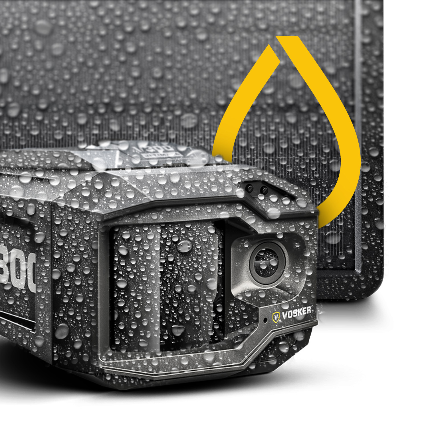 Vosker V300 device with water droplets on a black background