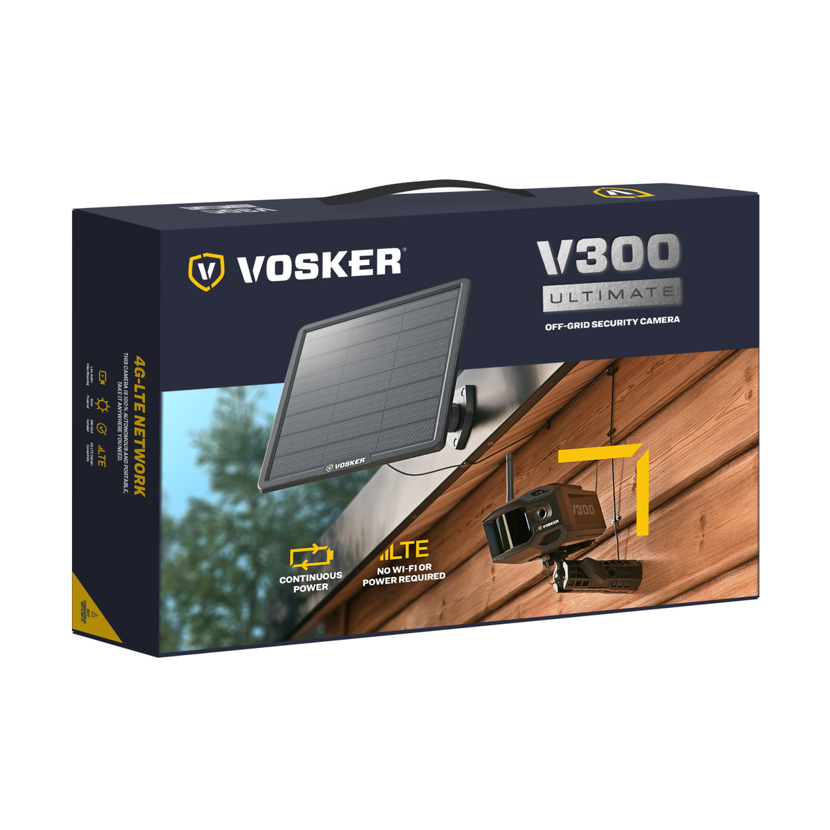 Vosker V300 Ultimate off-grid security camera packaging on a white background
