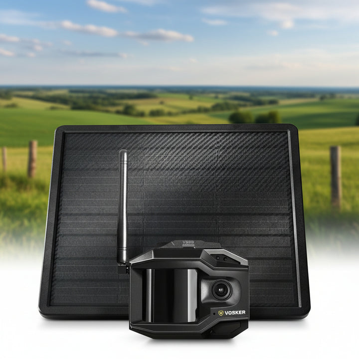 A VOSKER V300 Ultimate Live View Security Camera with a solar panel in the background, showing the camera's lens and body against a carbon fiber-textured surface.