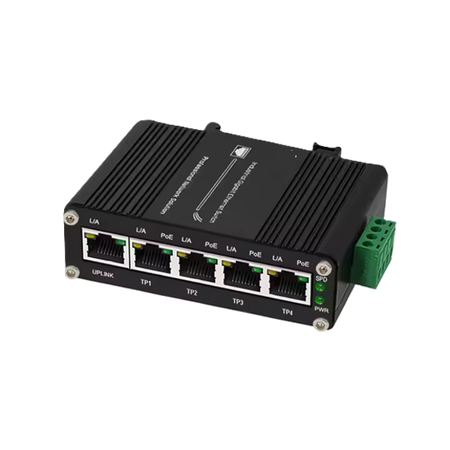 Product Marketing image of the Grid Networking SKU POEJK-S4-120 - Grid Industrial Gigabit PoE Switch | 4 PoE Downlink Ports + 1 Gigabit Uplink | POEJK-S4-120