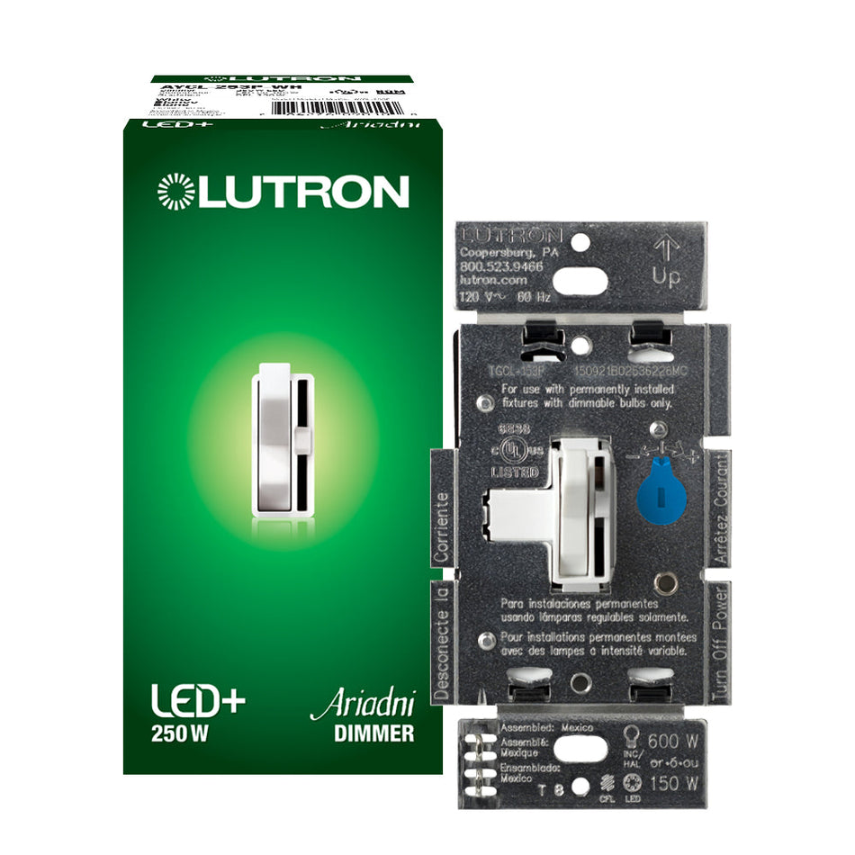 Product Marketing Image of Simply Secured SKU: AYCL-253P-WH by Vendor Lutron Product Lutron Ariadni LED+ Dimmer Switch 250W LED / 600W Inc/Hal - Single-Pole/3-Way | AYCL-253P