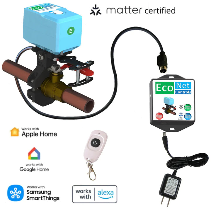 EcoNet Controls EVC400-MW Bulldog Matter-over-Wi-Fi shutoff valve robot kit components on white background (Canada)