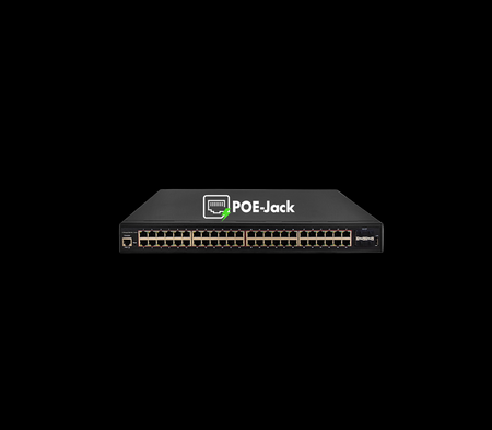 Product Marketing image of the Grid Networking SKU POEJK-S48-750E - Grid POE-Jack® 48-Port PoE+/PoE++ Switch | 750W Budget, 4x10G SFP+ Uplinks, 90W Ports 1-4 | POEJK-S48-750E