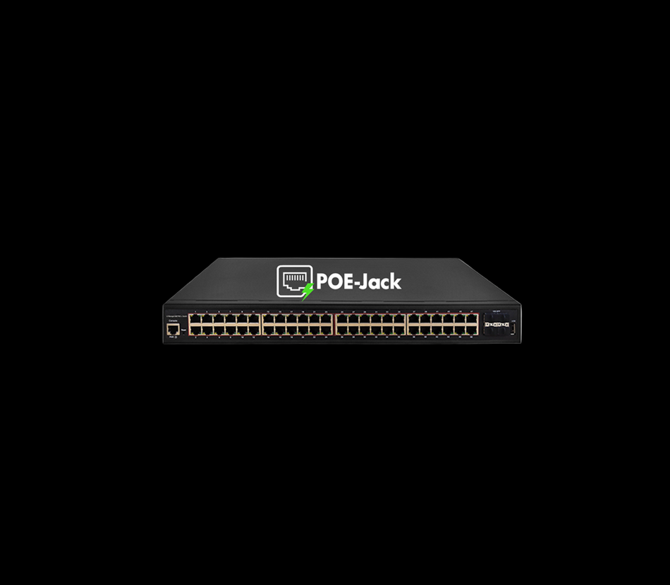 Product Marketing image of the Grid Networking SKU POEJK-S48-750E - Grid POE-Jack® 48-Port PoE+/PoE++ Switch | 750W Budget, 4x10G SFP+ Uplinks, 90W Ports 1-4 | POEJK-S48-750E
