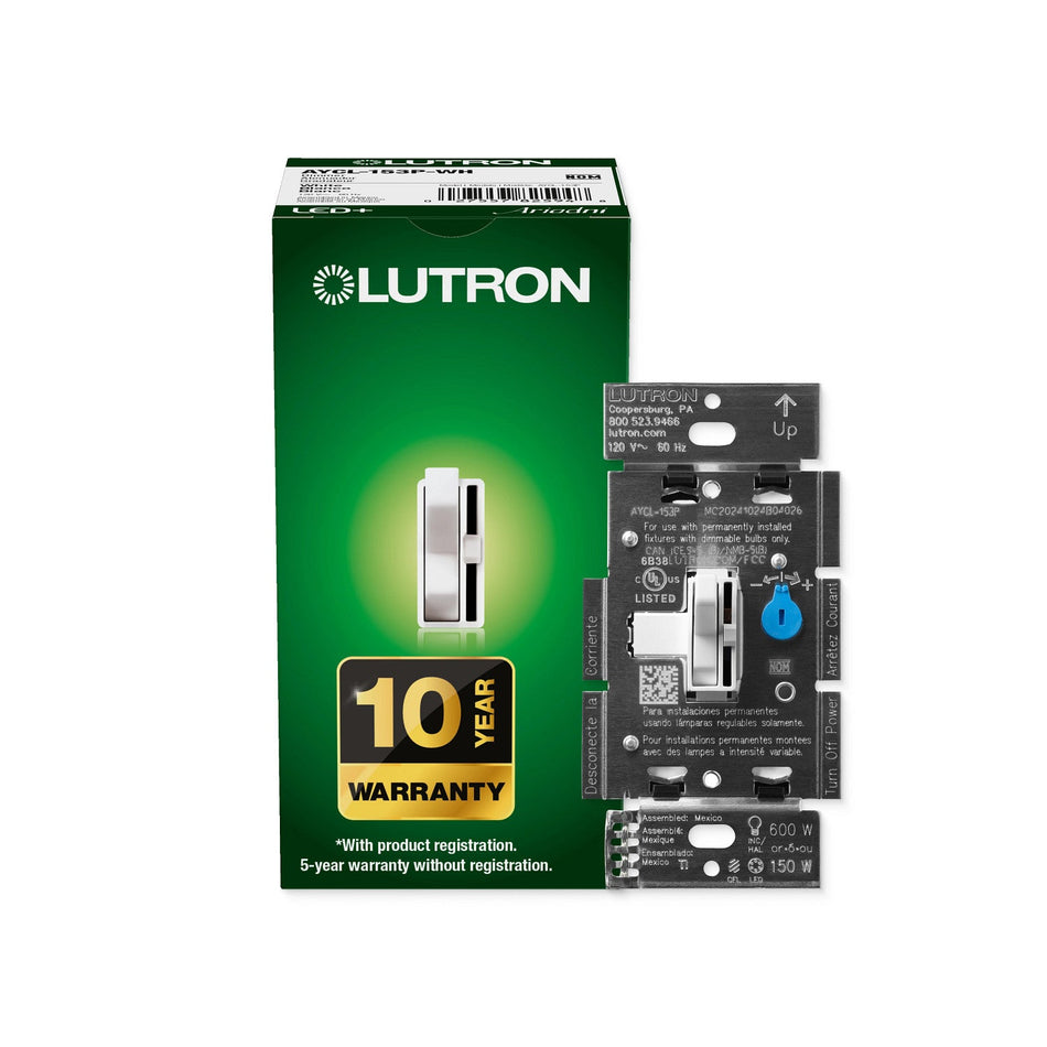 Product Marketing Image of Simply Secured SKU: AYCL-153P-WH by Vendor Lutron Product Lutron Ariadni LED+ Dimmer Switch 150W LED  /  600W Inc / Hal Single-Pole / 3-Way | AYCL-153P