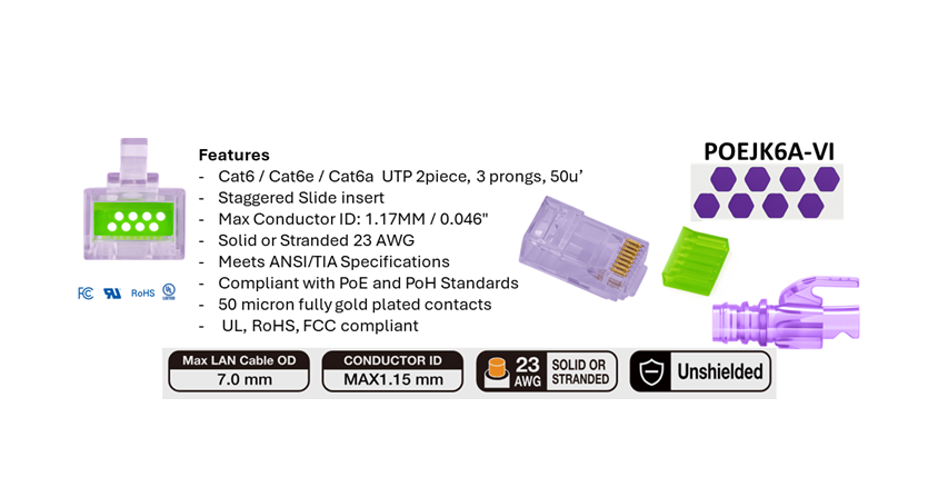 Product Marketing image of the Grid Networking SKU POEJK6A-VI - Cat6A/e RJ45 MPTL Staggered Sled Crimp Ends - 100-Pack Jar, Strain-Relief, Light Violet | POEJK6A-VI