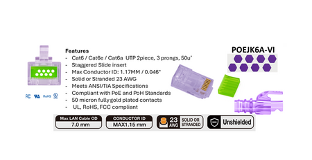 Product Marketing image of the Grid Networking SKU POEJK6A-VI - Cat6A/e RJ45 MPTL Staggered Sled Crimp Ends - 100-Pack Jar, Strain-Relief, Light Violet | POEJK6A-VI