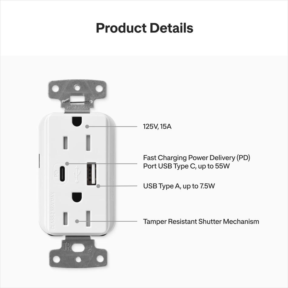 Lutron Claro 15A Tamper-Resistant Wall Outlet with Dual USB-C (55W PD) – Satin Finish | SCR-15-ACTR
