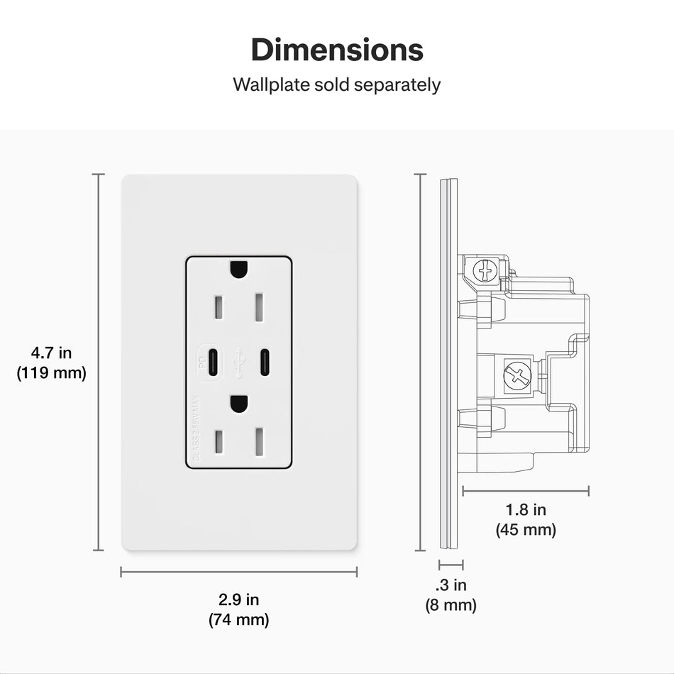 Lutron Claro 15A Tamper-Resistant Wall Outlet with Dual USB-C (55W PD) – Gloss Finish | CAR-15-CCTR