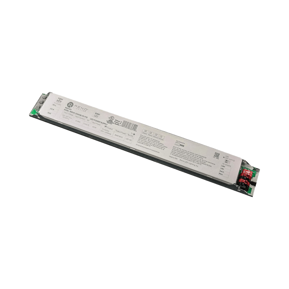 Reno The Reno LED DALI Driver is suitable for DALI-1 and DALI-2 enabled systems - Output current 350-1200 mA by adjusting dip switch - Max. output power... | RENO-DA54B-DV-PS