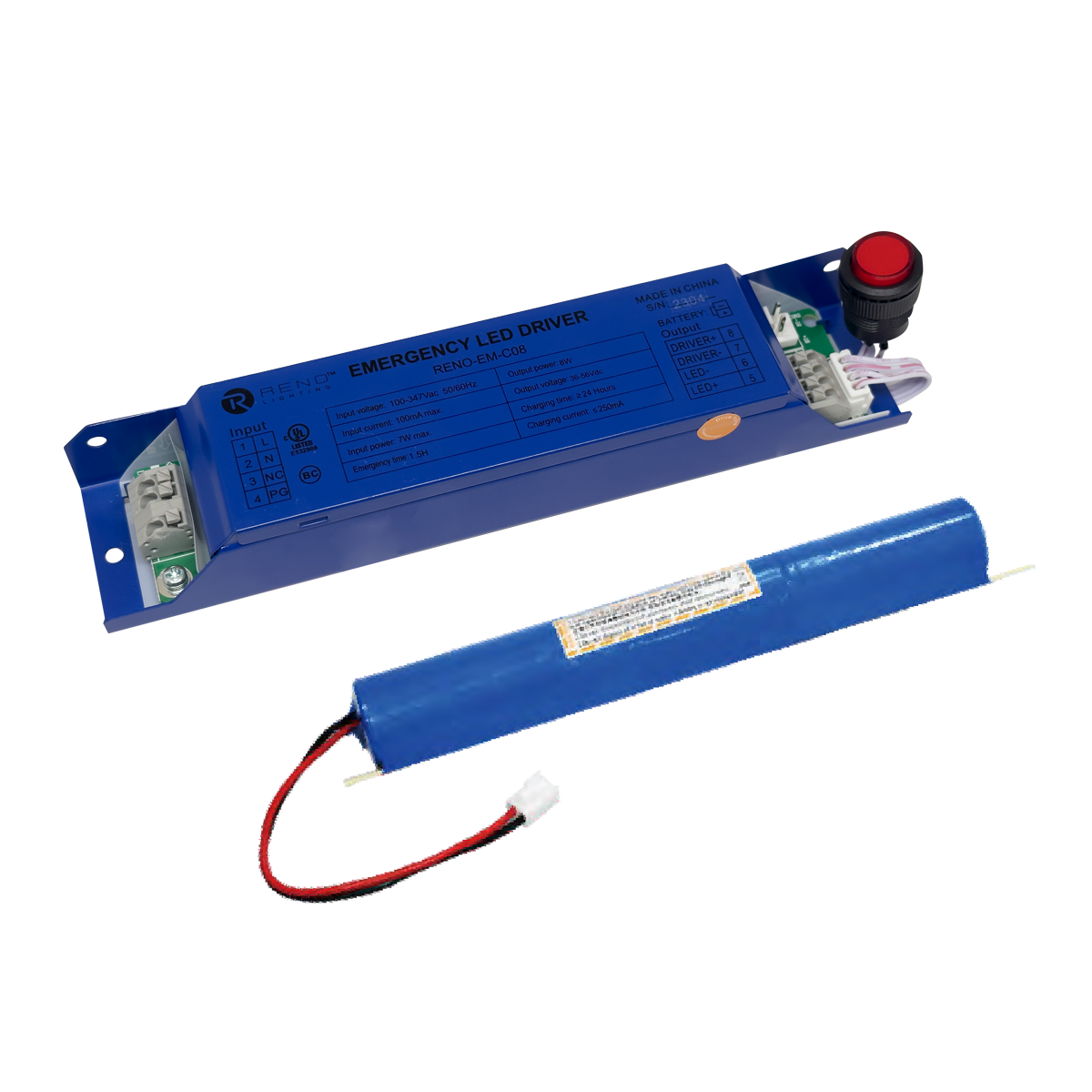 Product Display Visual of the SKU: RENO-EM-C08 for Marketing of theReno Emergency LED Driver | Internal Mount | 8W | RENO-EM-C08
