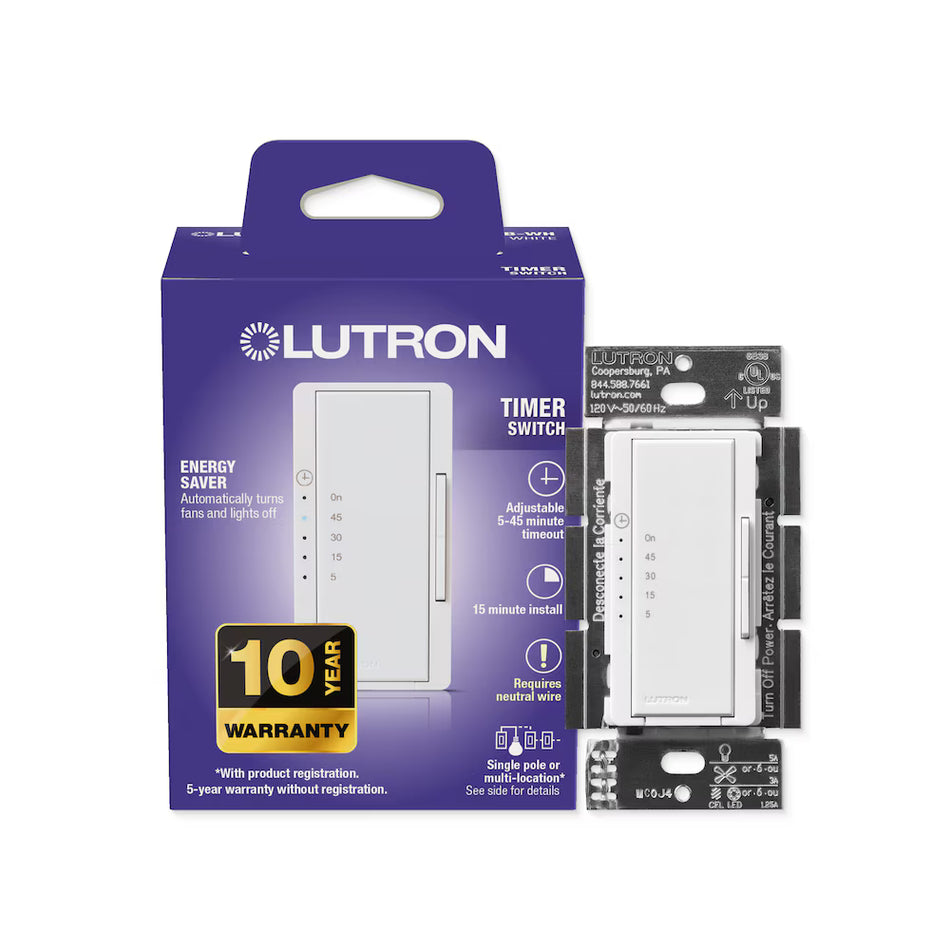 Lutron Maestro Countdown Timer - 600W/3A Fan, Standard Wiring | MA-T51MNB-WH-C