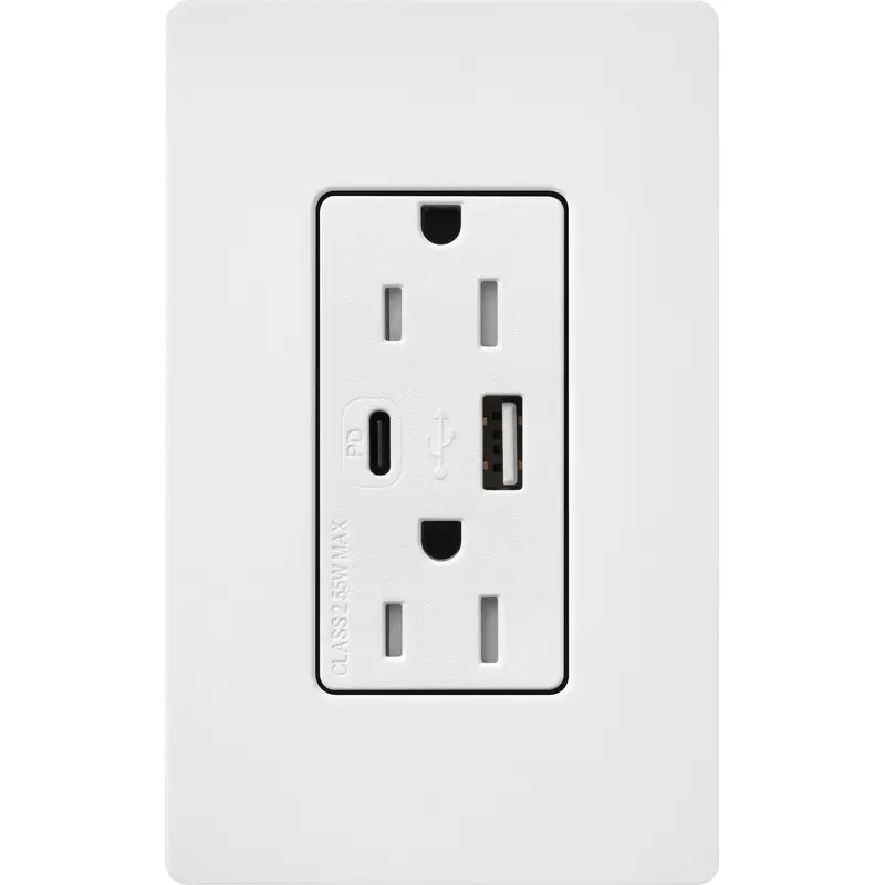 Lutron Claro 15A Tamper-Resistant Wall Outlet with Ultra-Fast 55W USB-C PD & USB-A – Gloss Finish | CAR-15-ACTR