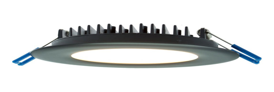 close up of 4 inch slim recessed led 12w fixture showing low profile 1 inch depth and spring clips