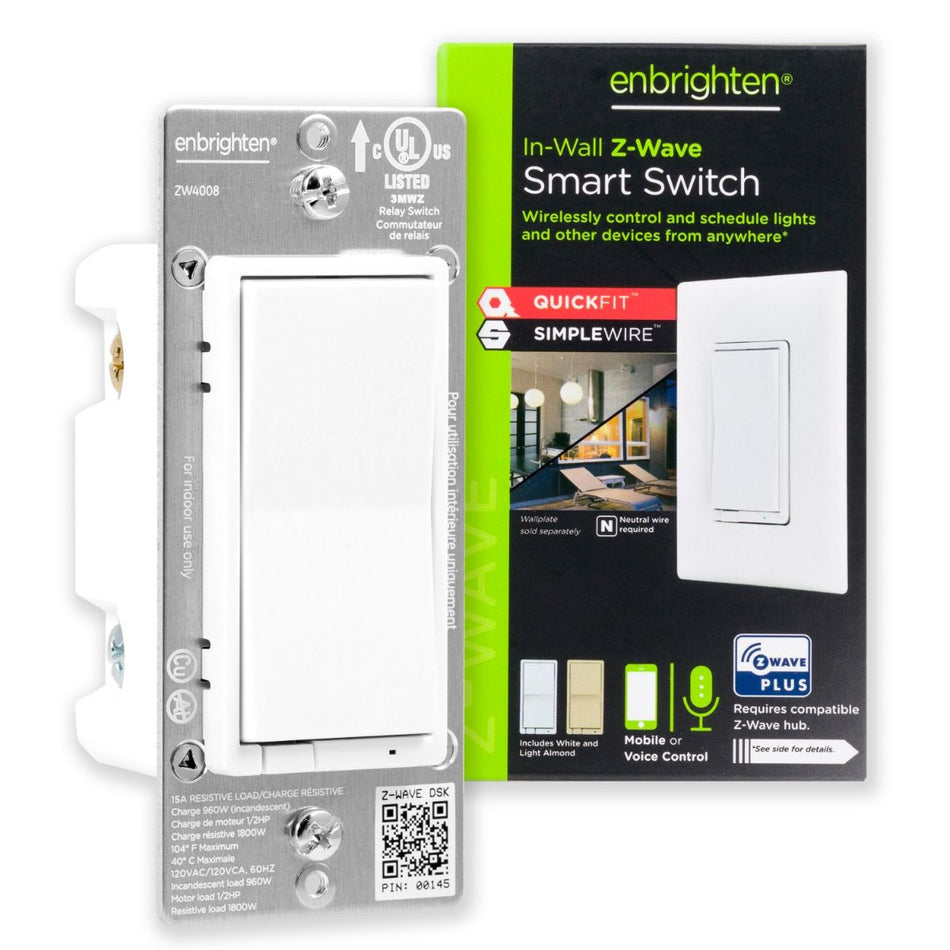 Enbrighten Z-Wave Plus In-Wall Smart Switch, White & Light Almond Paddles, 500S, Chassis 2.0 for 14291