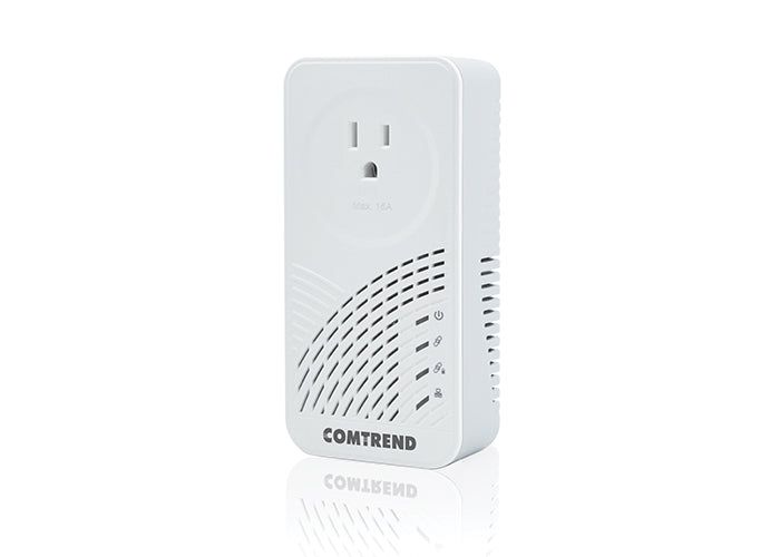 Close-up of the Comtrend PG-9182PT showing the pass-through AC outlet and Gigabit Ethernet port.