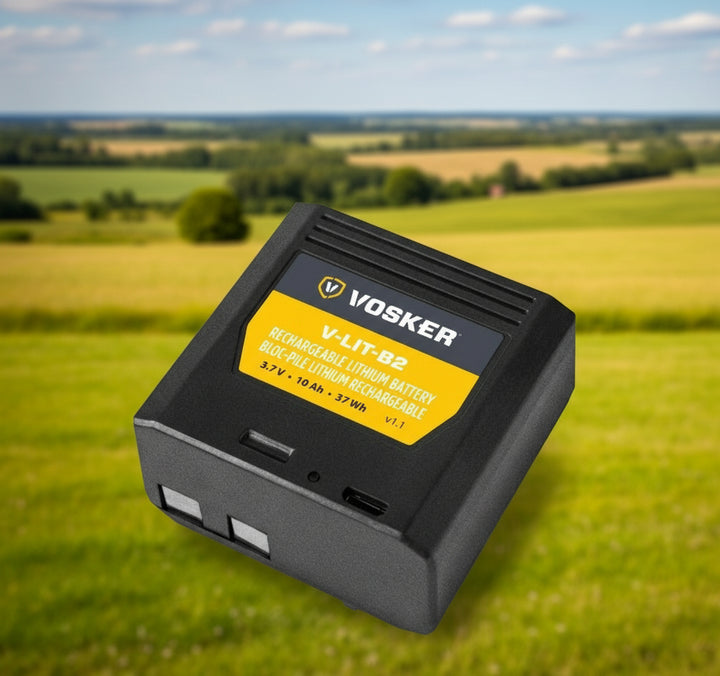 A black rechargeable lithium battery pack with a label indicating it is a VOSKER product, specifically designed for the V150 security camera. It shows a capacity of 10 000mAh and a voltage of 3.