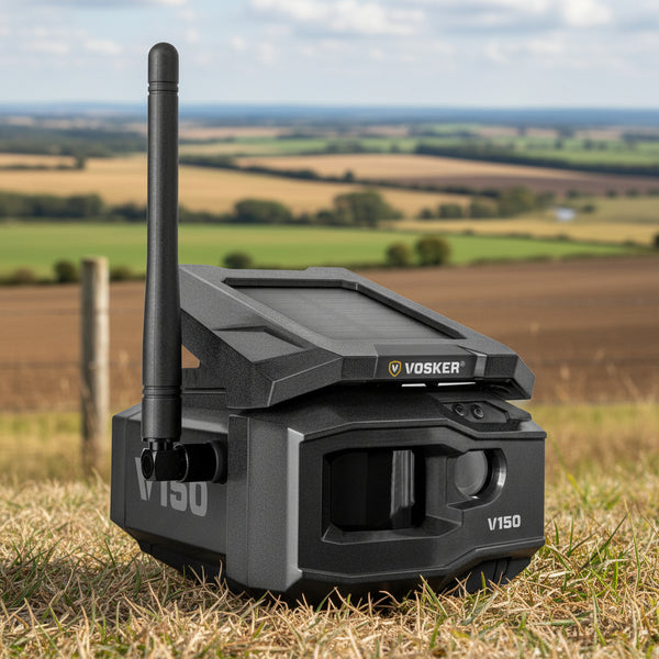 Close-up of Vosker V150 outdoor cellular camera showing built-in solar panel and antenna.